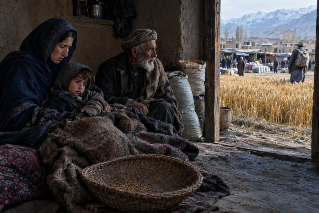 A woman, child, and elderly man sit inside a rustic home beside a wheat field and busy mountain market