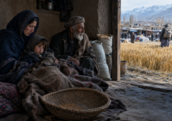 A woman, child, and elderly man sit inside a rustic home beside a wheat field and busy mountain market