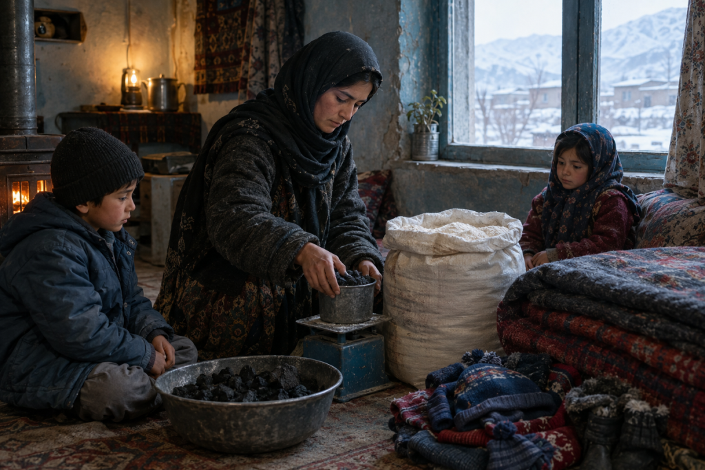 A woman weighs coal on a scale as two children watch inside a snow-covered home