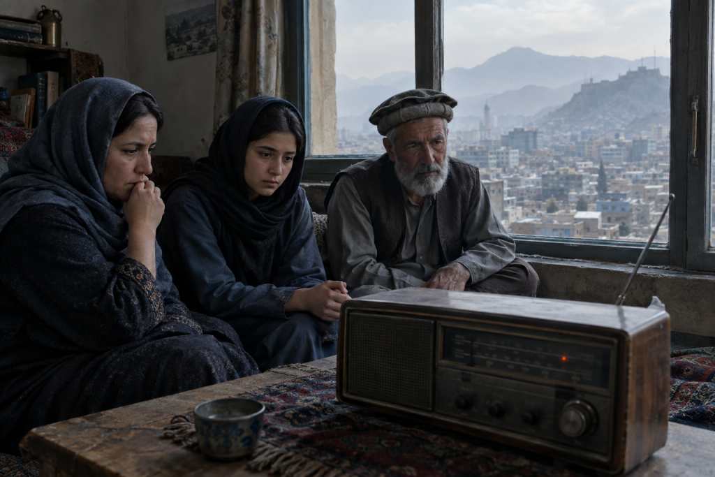 Create a cinematic editorial news photograph set in Kabul, Afghanistan: a modest family home with an old FM radio in the foreground, its tuning dial resting in silence, while Afghan listeners—a mother, a young student, and an elderly man—sit attentively in subdued concern near a window overlooking Kabul’s dense urban landscape and distant mountains. Subtle visual cues of disrupted communication, such as a faintly darkened radio indicator and an empty broadcast room atmosphere, should suggest suspended radio access without showing any readable text, logos, or branding. Natural muted daylight, realistic documentary photography, restrained blue-gray and dusty ochre palette, respectful human emotion, atmospheric haze, high detail, composition suitable for an international newspaper editorial, no captions or typography.