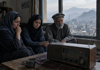 Create a cinematic editorial news photograph set in Kabul, Afghanistan: a modest family home with an old FM radio in the foreground, its tuning dial resting in silence, while Afghan listeners—a mother, a young student, and an elderly man—sit attentively in subdued concern near a window overlooking Kabul’s dense urban landscape and distant mountains. Subtle visual cues of disrupted communication, such as a faintly darkened radio indicator and an empty broadcast room atmosphere, should suggest suspended radio access without showing any readable text, logos, or branding. Natural muted daylight, realistic documentary photography, restrained blue-gray and dusty ochre palette, respectful human emotion, atmospheric haze, high detail, composition suitable for an international newspaper editorial, no captions or typography.