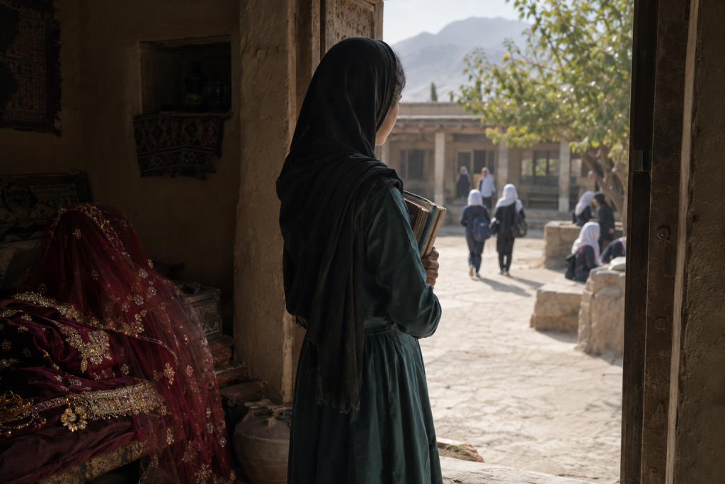 Create a sensitive editorial-style documentary image about the risks of forced and underage marriage in Afghanistan: an Afghan teenage girl seen from behind in a modest rural home, standing between a dim interior with a folded bridal veil and wedding garments in the foreground and a sunlit school courtyard beyond, holding worn schoolbooks close to her chest. Convey tension between poverty, social pressure, and lost educational opportunities, while emphasizing dignity, agency, hope, and the possibility of choosing her own future. Use natural muted earth tones, soft morning light, authentic Afghan architecture and clothing, realistic human details, understated composition, cinematic depth of field, no visible text, logos, captions, or branding.