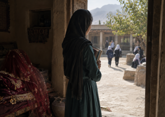 Create a sensitive editorial-style documentary image about the risks of forced and underage marriage in Afghanistan: an Afghan teenage girl seen from behind in a modest rural home, standing between a dim interior with a folded bridal veil and wedding garments in the foreground and a sunlit school courtyard beyond, holding worn schoolbooks close to her chest. Convey tension between poverty, social pressure, and lost educational opportunities, while emphasizing dignity, agency, hope, and the possibility of choosing her own future. Use natural muted earth tones, soft morning light, authentic Afghan architecture and clothing, realistic human details, understated composition, cinematic depth of field, no visible text, logos, captions, or branding.