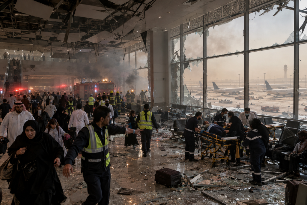 Firefighters and medics respond amid smoke and shattered glass in a damaged airport terminal, with planes visible outside