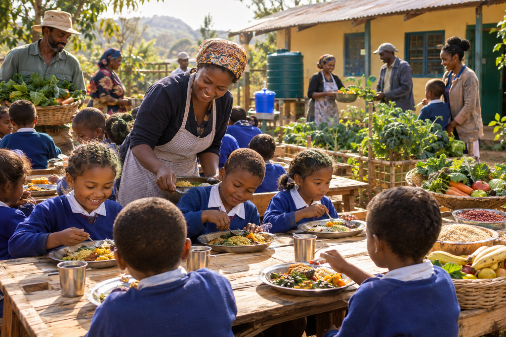 Schoolchildren eat a meal outdoors as an adult serves food beside a garden