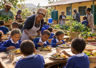 Schoolchildren eat a meal outdoors as an adult serves food beside a garden