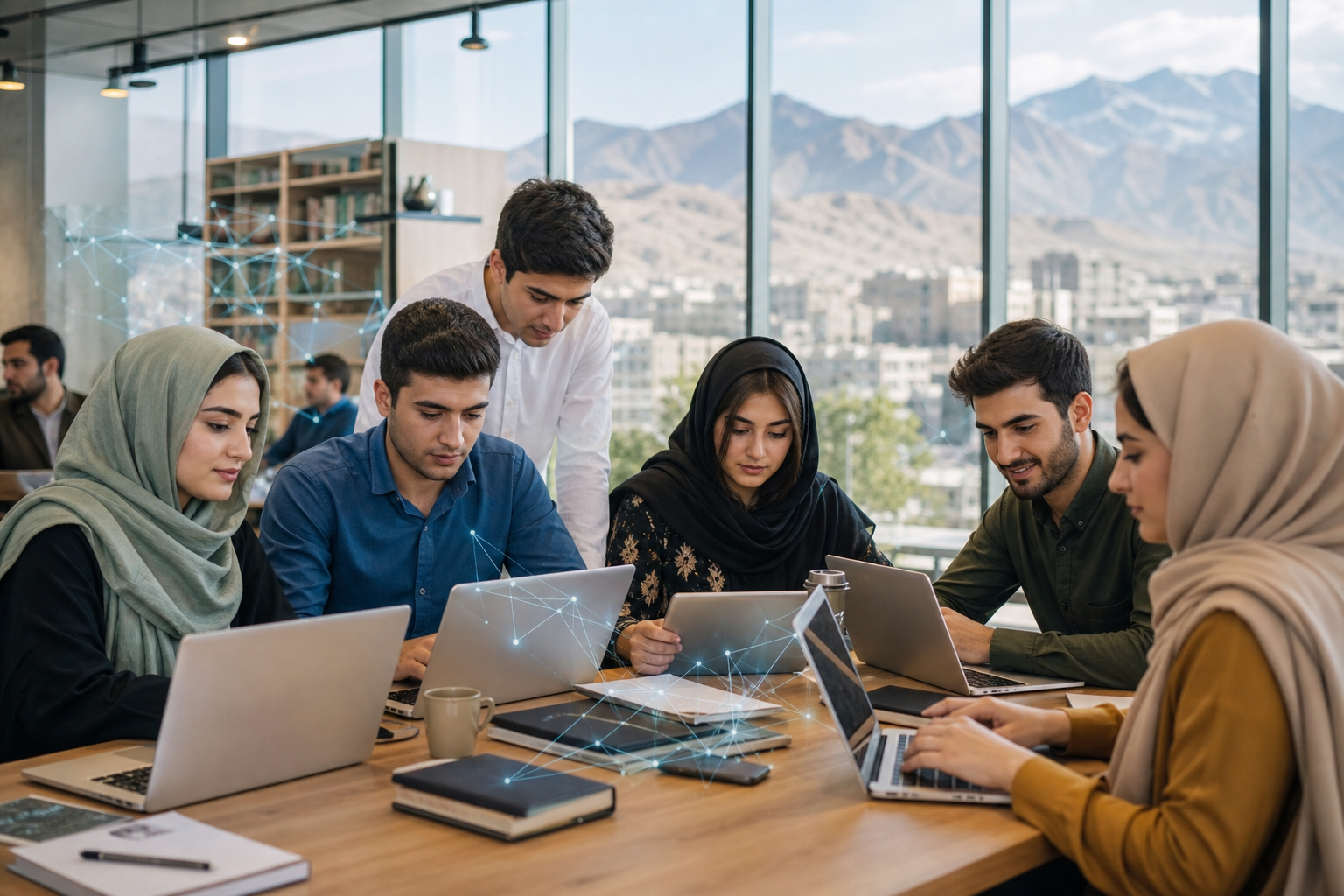 Six people collaborating on laptops around a conference table in a modern office overlooking a city and mountains