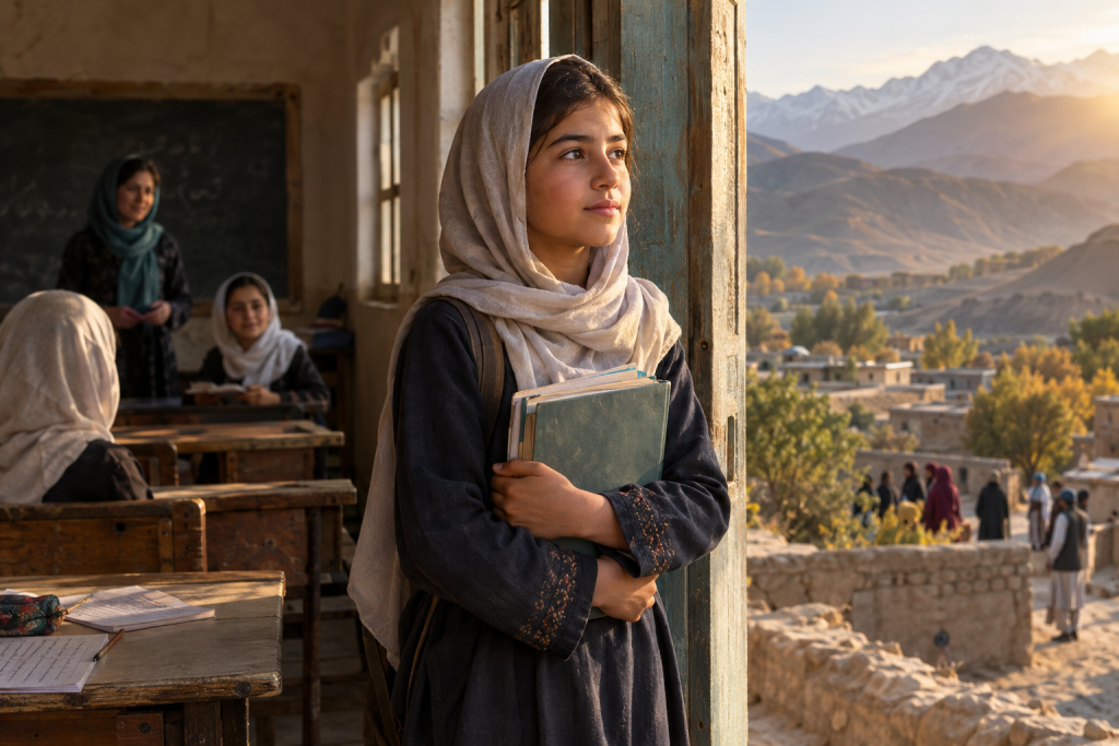 Student in a headscarf holds books in a classroom doorway overlooking a mountain village