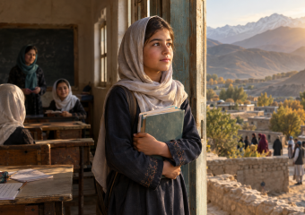 Student in a headscarf holds books in a classroom doorway overlooking a mountain village