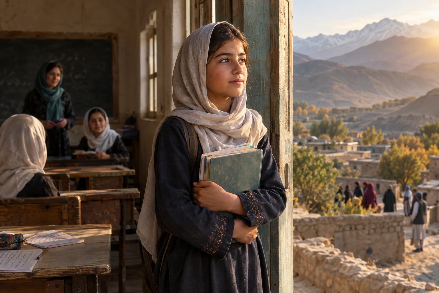 Student in a headscarf holds books in a classroom doorway overlooking a mountain village