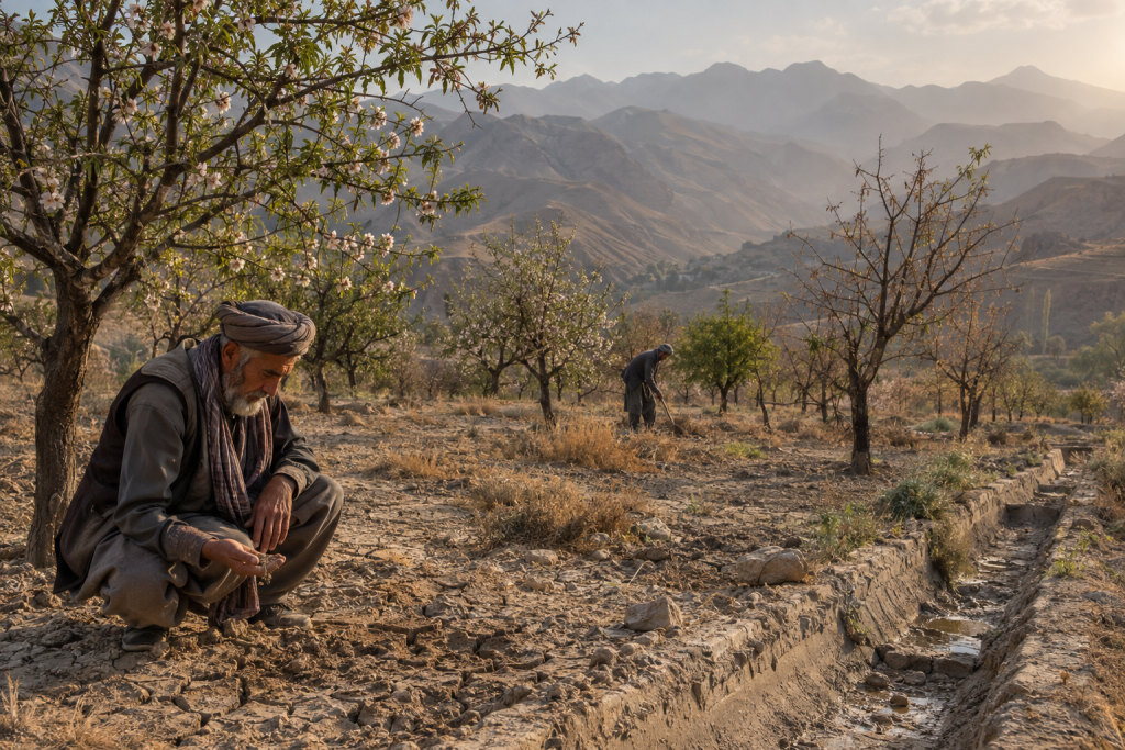 Two farmers work among flowering fruit trees beside an irrigation channel, with mountains in the background