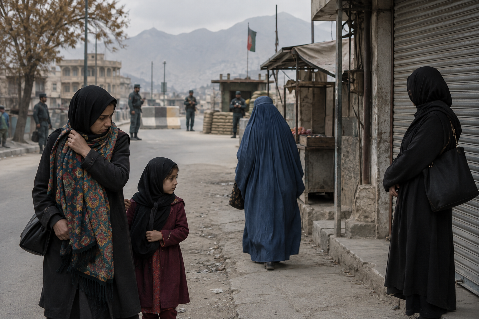 Women and a child walk past a market street and security checkpoint with mountains in the background